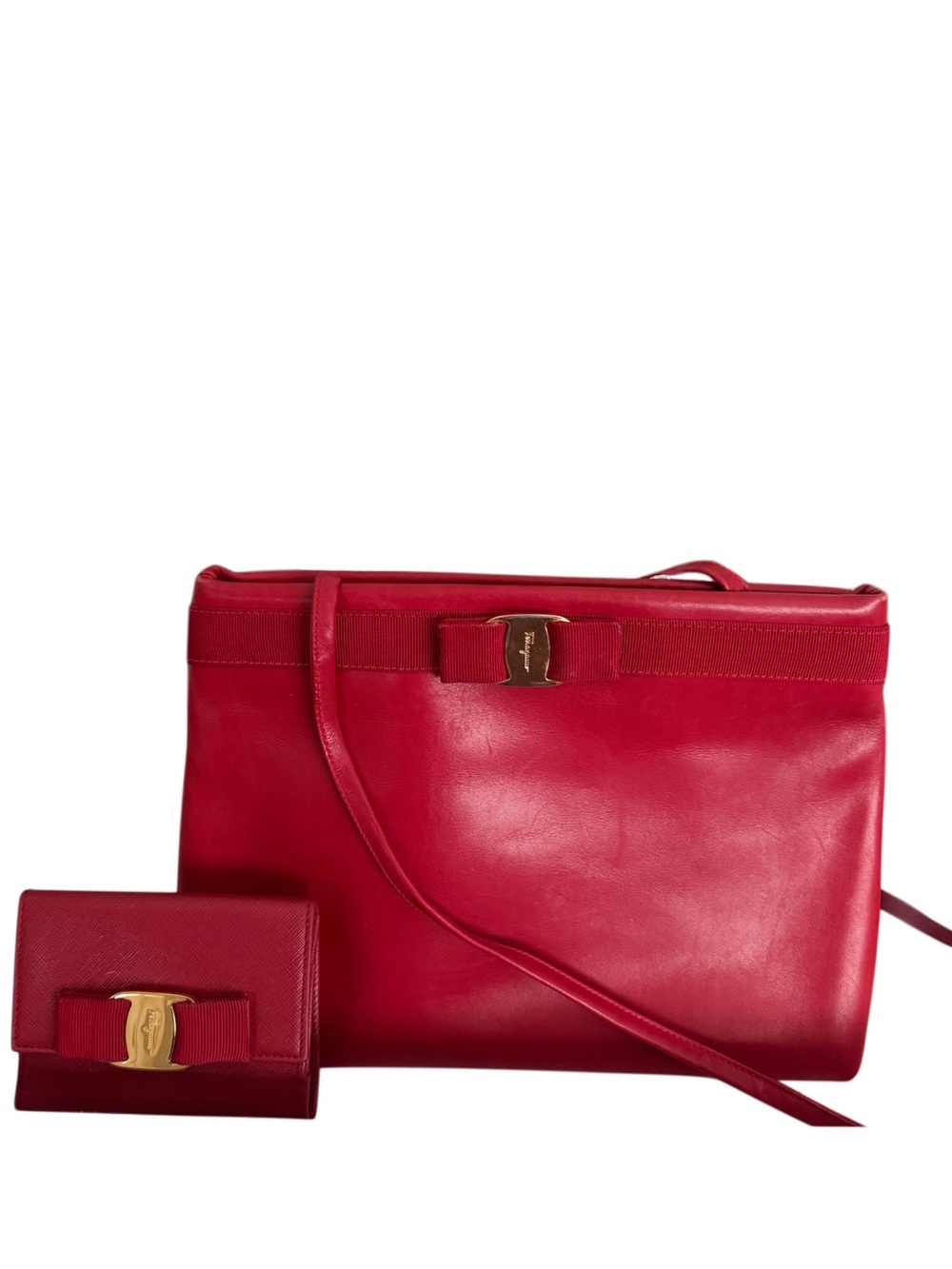 Vintage Salvatore Ferragamo Vara  Leather Red Clutch/ Shoulder Bag & Wallet